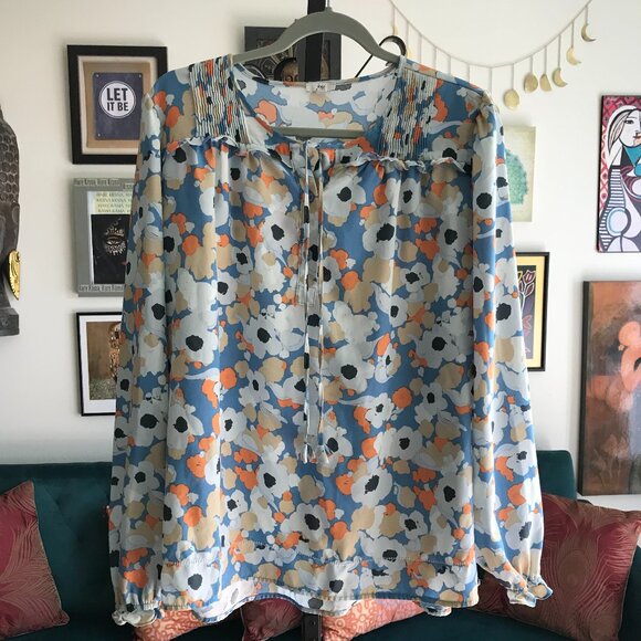 JOIE size L Blue Orange & Gray Floral Pintuck Popover Blouse Peasant Top - Picture 1 of 4